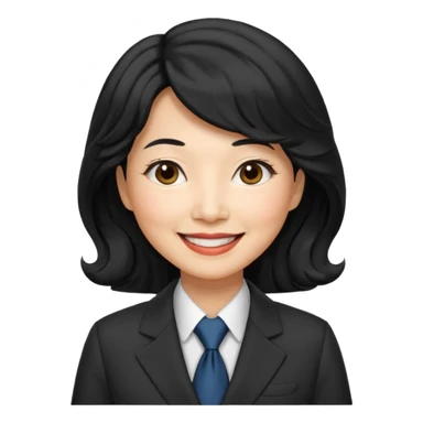 60 yr old asian woman, wavy thick black hair, side part, side swept bang, big smile, business suit sticker