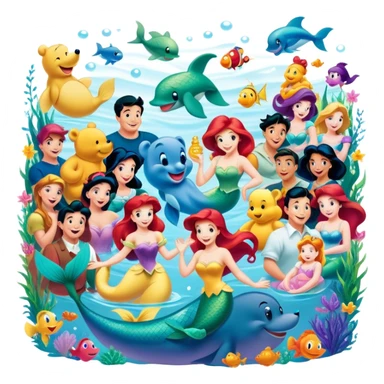 Icon for Animated Characters: A colorful, large-scale collage of beloved cartoon characters, including Franco, Mickey Mouse, Winnie-the-Pooh, Ariel the Little Mermaid, Jasmine and others. Bright and vibrant, full of whimsical charm. Transparent background. sticker