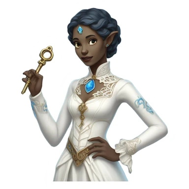 elf blue witch woman login holding a big key in white victorian dress, full body sticker