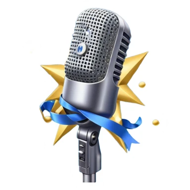 Create a vibrant and dynamic emoji that represents pop vocal performance. The design should feature a close-up of an iconic pop microphone, surrounded by a stage with concert lighting, but without people. Include elements like fireworks or a confetti explosion in the background to symbolize the excitement of a live performance. Add a costume with sparkling rhinestones and a ribbon made of musical notes to emphasize the glamorous and showy nature of pop singing. Use bright colors like gold, silver, neon, and electric blue to create an energetic and festive atmosphere. The background should be transparent. sticker