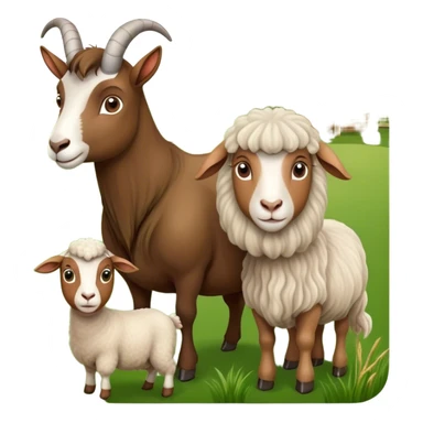 Icon for Domestic Hooved Animals: A gentle collage featuring a brown goat with large, curious eyes, a calm sheep with soft wool and a horse with a flowing mane. Background with a green pasture and a few hay bales. Transparent background. sticker