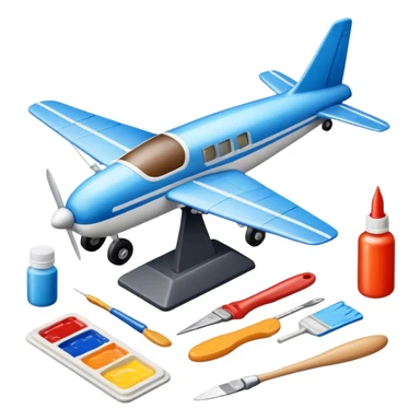 photorealistic icon featuring model-building tools like glue, paint, paintbrushes, pieces of a plastic model airplane in the process of being assembled. The design includes detailed textures of the model pieces and tools, capturing the focus and creativity of model building. Transparent background. sticker