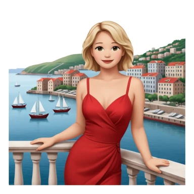jennifer lawrence, closeup portrait , leaning on a balcony with a harbor and cityscape in the background, smiling, red dress  sticker