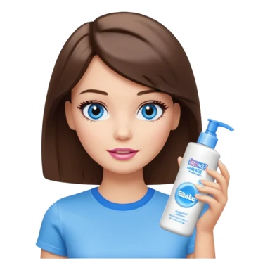 Barbie girl with makeup, blue eyes , and bob long haircut, short brown hair in white T-shirt, face Wash Cream sticker