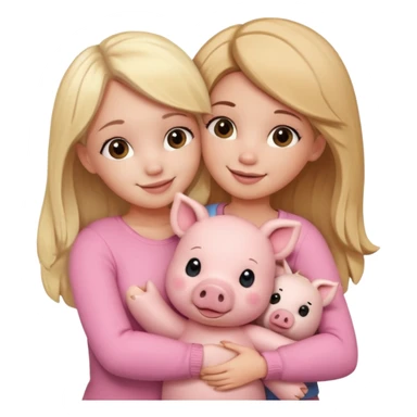 Girlfriends, one blonde and one brunette, hugging each other with a teddy bear and a little pig sticker