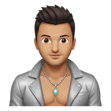 Peter Andre with dark brown hair, shirtless with necklace, silver jacket sticker
