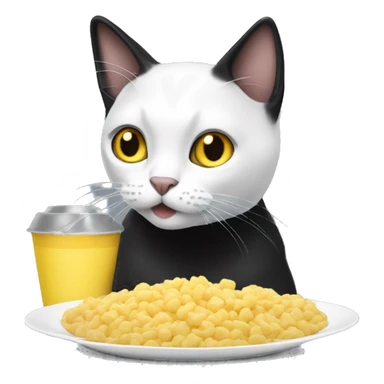 Cat eating food the cat is black and white and his eyes are yellow sticker