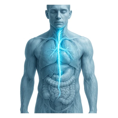 realistic human body with highlighted vagus nerve, front view, detailed anatomy, vagus nerve path clearly visible, cold effect with blue glow and ice crystals along the nerve, transparency on internal organs, white background sticker