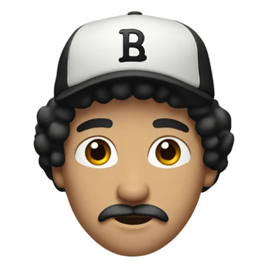 White guy with long/medium length black hair and a baseball hat. Brown eyes and a classic mustache and NO beard. Black hair sticker