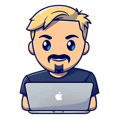 young blond male, blue eyes, modern hairstyle with fringe, sly proud smile, thin blonde mustache and sharp goatee, working on MacBook, clean and stylish, tech professional sticker