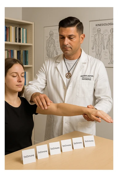 a middle-aged man in a calm, well-lit studio, wearing casual professional attire, performs a classic muscle test on a client’s outstretched arm. On a nearby table, there are small envelopes or vials labeled “testimone” representing samples or objects connected to a distant person. The atmosphere is focused and serene, with books and charts about kinesiological techniques in the background. sticker