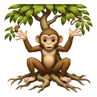 A mythical being standing on human feet with gnarly tree roots for legs and a playful monkey face sticker