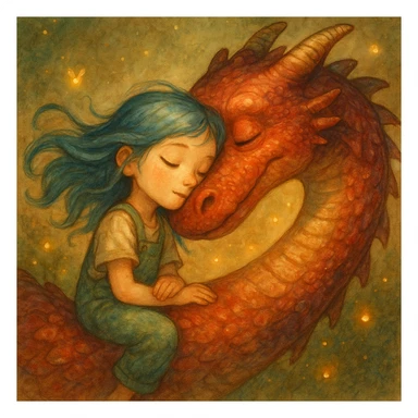 A dreamy, ethereal illustration of a young girl peacefully sleeping on the long, curved neck of a red dragon, cheek to cheek. Her blue hair flows gently as if caught in a soft breeze, and she wears delicate green overalls. The dragon’s skin has intricate, painterly textures, glowing subtly under the warm, golden light. Tiny fireflies and soft, ambient light enhance the magical atmosphere. Highly detailed, whimsical, children's book illustration style, with soft yet rich colors, gentle lighting, and a fantasy storytelling feel. Watercolor-like textures, hand-painted aesthetics, cinematic composition. sticker