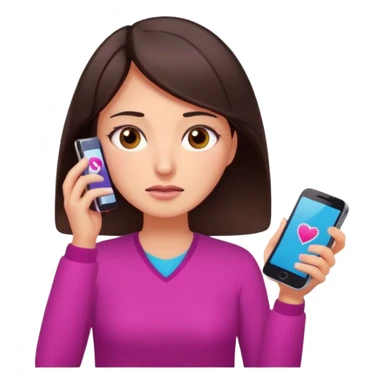 Social media manager. She has dark brown hair, brown eyes, overwhelmed expression, tired eyes, slightly stressed face,a holding a smartphone with notifications piling up. Use vibrant colors with a focus on pink and fuchsia tone sticker