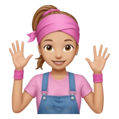 Light skin woman with brown ponytail and light pink head bandana. pink t-shirt with denim overalls. Expression is friendly with big smile and waving hello sticker