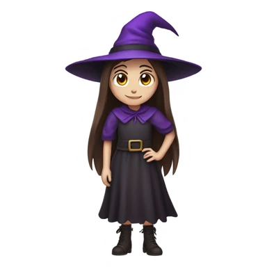 a young white thin girl with straight brown hair and dark eyes dressed as a witch with purple hat sticker