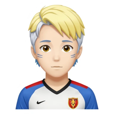 High school soccer player. Wears a uniform with red based and black on sides and yellow. His hair is a mixture of white on the top and blue on the bottom. He is a anime character from Bluelock and is Dutch. sticker