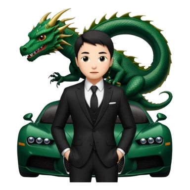 mysterious scenery: green audemars piguet watch (without text), black bugatti, and a dark green dragon, and a mysterious chinese agent from The Matrix with his eyes censored sticker