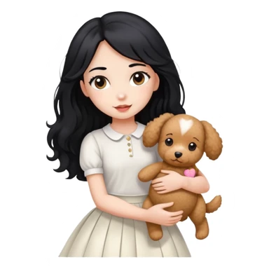 A beautiful girl with long straight black hair wearing a white skirt holding a small brown curly teddy dog sticker