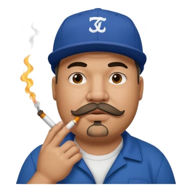 a fat dad in a hip hop cap with a tattoo, a cigarette in his mouth, and a mustache. sticker