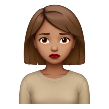 a brown girl with short light brown hair wearing a beige full sleeve and looking sad. dark red lip sticker