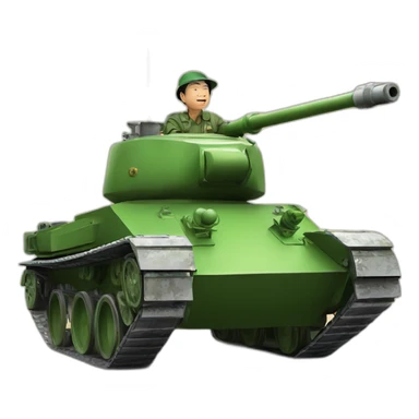 A Chinese man in a Chinese hat rides a green T-34 tank sticker