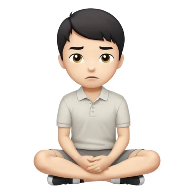 A cartoon young Asian boy with short black hair, light beige skin, and large expressive eyes, wearing a white polo shirt, gray pants, and black shoes. He sits cross-legged on the ground, one fist resting on his cheek, with a closed-mouth smirk. Clean lines, flat colors, solid black background. sticker