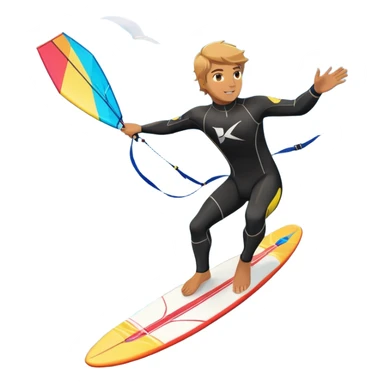 An athlete in a wetsuit riding a kiteboard, soaring over the waves with the kite high in the sky. The background features a vibrant blue sky and crashing ocean waves, capturing the thrill and freedom of kitesurfing in dynamic motion. sticker
