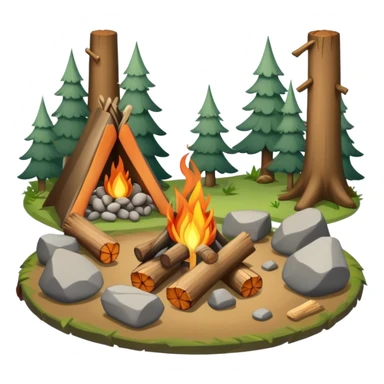 bushcraft campfire with stones, logs for sitting, in forest setting sticker