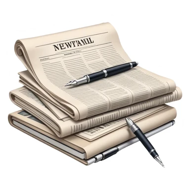 Create an emoji representing journalism and publicistic writing. The design should feature a stack of newspapers as the base, with an open working notebook placed on top of them. A single fountain pen should rest on the very top of the notebook, symbolizing the act of writing. Use neutral, professional colors like black, white, and muted tones to convey a sense of seriousness and intellect. Do not include any emojis or smiley faces. Make the background transparent. sticker