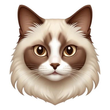Cinematic Chocolate-Point Ragdoll Cat Portrait Emoji, Elegant and alert, sleek brown and white tones with a distinct white nose, Simplified yet sharp features, highly detailed, glowing with a warm, confident glow, high shine, intelligent and poised, stylized with an air of grace, focused and attentive, soft glowing outline, capturing the essence of calmness and elegance, so lifelike it feels as though it could spring into motion with a gentle, poised presence at any moment! sticker