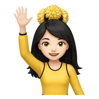 A long black hair teen girl waving pom-poms, eyes sparkling with excitement, yellow cheer leader top sticker
