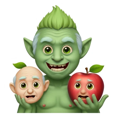 cheeky troll holding a small shocked old man, both with exaggerated expressions, apple emoji style sticker