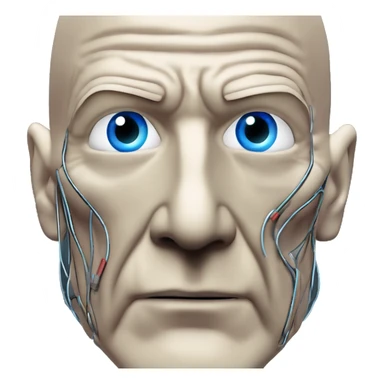 Jean luc picard from Star Trek assimilated by the Borg, with mechanical metal covering only the left side of his face, with wires and a red light on the left side. Both his eyes are unobstructed and are human blue eyes. sticker