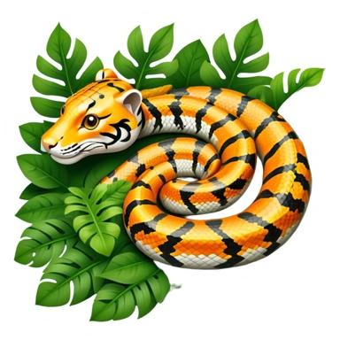 Tiger python coiled up on the ground, blending with the dense jungle foliage. Its distinct orange and black stripes stand out against the vibrant green of leaves and plants. Sunlight filters through the trees, highlighting the snake's patterned scales. Transparent background. sticker