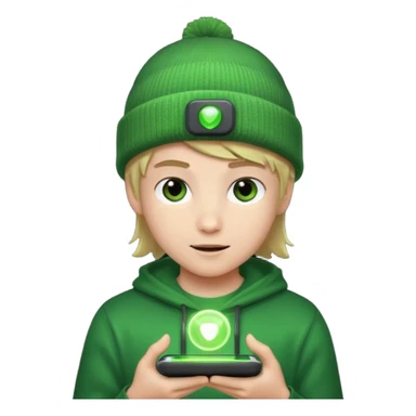 Teen hero in green beanie, holding glowing gadget.



































 sticker