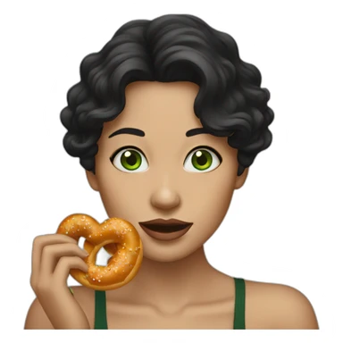 A Woman with green eyes and black wavy hair eating a pretzel  sticker
