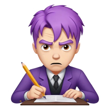 white man with purple hair angry writing a legal document in distress sticker