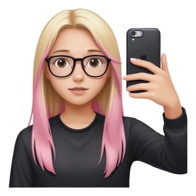 A teenage girl taking a selfie in a school bathroom. She has long straight hair with blonde and pink highlights, wears glasses and a black shirt. Her expression is neutral
 sticker