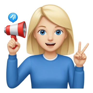 blue eyes blonde girl yelling into megaphone and holding up 1 finger in the other hand smiling sticker