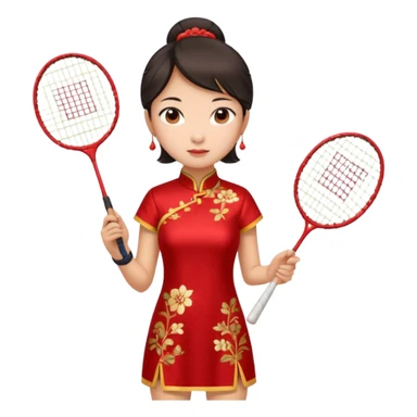ancient cheongsam girl with 1 badminton racket, red sticker