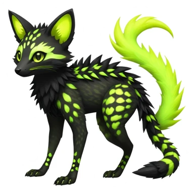 Rare realistic black edgy toxic radioactive-themed black fur with neon-lime-green-glowing  epic handsome gorgeous aesthetic vibrant Vernid-Trico-Genet-species-hybrid-Fakemon-creature by LiLaiRa, 4 legs, 1 tail, random markings, (full body) with spikes on the back sticker