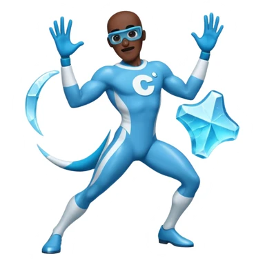 Frozone character in retro stickers style, dynamic pose, icy effects, bold outlines, vibrant colors he says "c'est carré dans l'axe" sticker