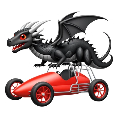 Special air-cooled three-cylinder race car whose frame and suspension is made of shopping cart material with a large gas tank, and rear spoiler, is being tested by a small black dragon  sticker
