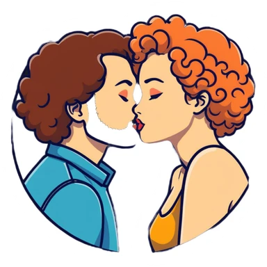 curly haired girl kissing a man with a beard, romantic couple kiss sticker
