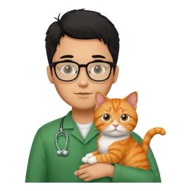 Veterinario hombre trigueño con lentes, con cabello negro, y con uniforme veterinario color verde cargando un gato naranja sticker