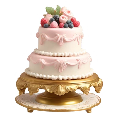 aesthetic vintage rococo cake with white icing, berries on a gold, pale pink, and white ceramic plate stand  sticker