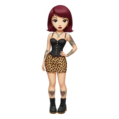 full body emoji, pin-up girl, light skin, big eyes, maroon lips, brown hair with rockabilly bangs and blonde streak, leopard corset, black pencil skirt, Dr. Martens boots, old school tattoos, compact and rounded sticker