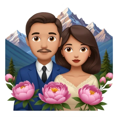 Couple traveling in Montenegro russian man and elegant  Latina girl delicate peonies and mountains in the background  sticker