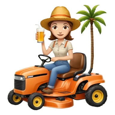 White woman with brown hair, without glasses wearing a straw hat, on old orange ride on lawn mower, holding a beer with one hand and holding the steering wheel with the other hand sticker